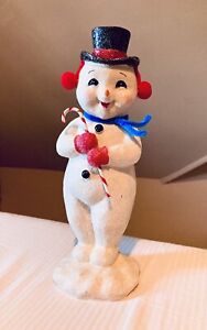Vintage Bethany Lowe Christmas Retro Blue Glittered Snowman Figurine Candy Cane
