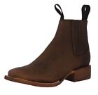 Mens Brown Chelsea Ankle Mid Boots Real Leather Cowboy Western Square Toe Bota