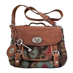Fossil Maddox Tapestry Leather Crossbody Multicolor Adjustable Strap Key Charm