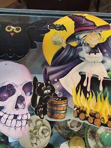 Vintage Hallmark Halloween Decoration Cat & Happy Witch Cauldron DieCut Cut Out