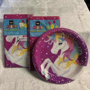 DG PARTY 2 - Tablecover & 1 Pk Plates - Dazzling Rainbow Unicorn - NWT