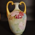 Beautiful Vintage Gold Handled Handpainted Floral Unmarked Limoge Vase