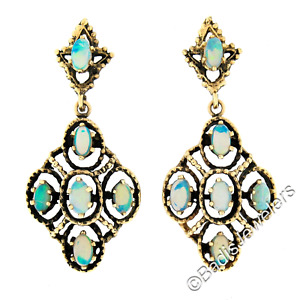 Vintage Victorian Revival 14k Gold Opal Beaded Open Work Drop Dangle Earrings