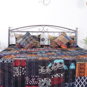 Black King Cotton Silk Handmade kantha Quilt, Blanket Throw , vintage Bedspread