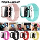 Strap+Glass Screen Case For Apple Watch 9 8 7 6 5 4 3 2 SE Silicone iWatch Band