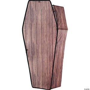 HALLOWEEN 5 FT BROWN WOOD LOOK COFFIN WITH LID CEMETARY GRAVEYARD PROP