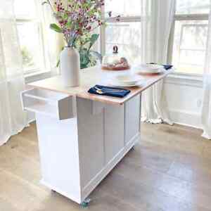 Portable Drop-Leaf Kitchen Island Cart Wood Storage Cabinet w/Wheels &Spice Rack