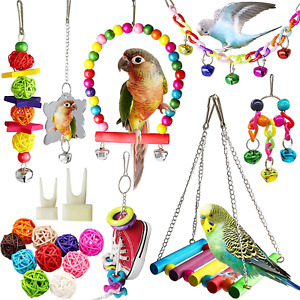 Bird Parakeet Cockatiel Toys - 19 Pcs Pet Cage Swing Chewing Bell Wooden Set