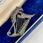 CELTIC HARP BIRD IRISH OLD VINTAGE BROOCH GREEN STONE STERLING SILVER HALLMARK