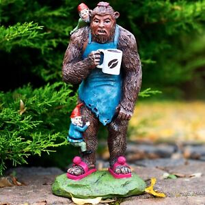 Bigfoot Statue 11 inch, Garden Gnomes Outdoor, Sasquatch Statue with Coffee Cup
