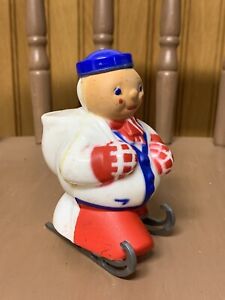 Vintage ROSBRO Snowman On Skis Christmas Candy Container Toy Plastic Rare READ
