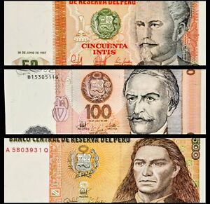 Lot of 3 - 1987 Peru 50/100/500 Intis Banknotes, Tupac Amaru II, Castilla