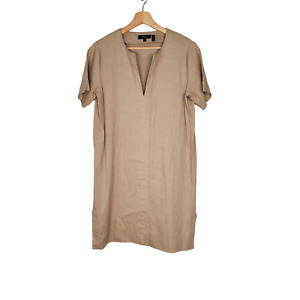 Theory Slit Front Shift Dress Linen Blend Stretch Caliver Tan Beige Size Small