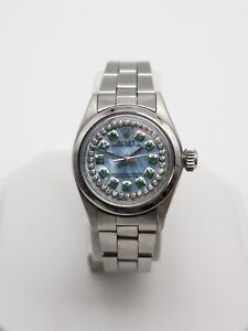 $8000 ROLEX Oyster Perpetual Ladies BLUE MOP Emerald Diamond SS Watch SERVICED