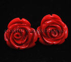 12mm red coral hand carved rose flower Silver Stud earrings AAA