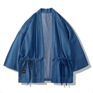 Mens Denim Kimono Jacket Coat Japanese Yukata Cardigan Loose Top Outwear Haori