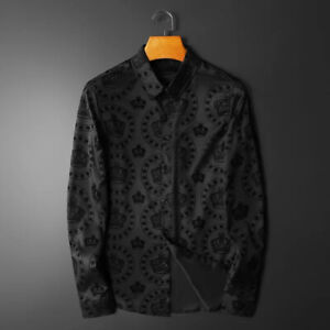 New Men Luxury Long Sleeve Crown Pattern Button Down Black Shirt High Quality