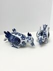 2 Vintage Floral Porcelain Feeding Bird Figurines Blue and White Hand Painted