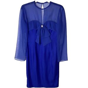 Vintage En Francais Cobalt Blue Sheer Sleeve Cocktail Holiday Dress Bow Sz 6