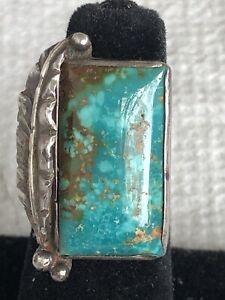 Vintage Native American Sterling Silver Turquoise Feather Leaf Ring~Size 6.0