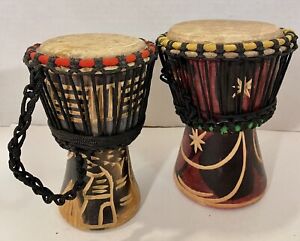 Set Of 2 Djembe Drums Hand Carved 6 1/2” And 7 1/2”