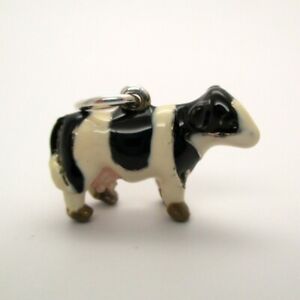 Sterling Silver BLACK & WHITE COW Charm for Bracelet ENAMEL Holstein DAIRY Cute