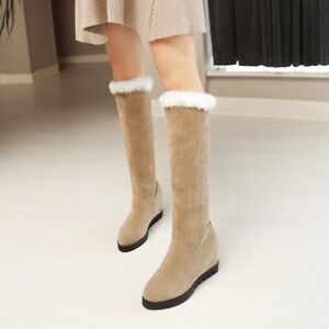 Winter Warm Snow Boots Women Hidden Wedge Heels Pull On Fur Line Knee High Boots