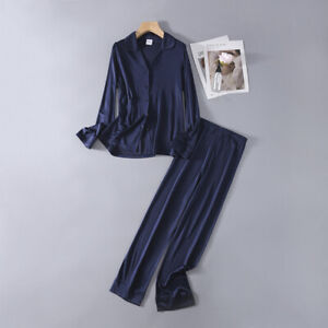 100% Mulberry Silk Women's Pajama Set Sleepwear Nightgown Long Sleeve Home Cloth