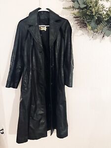 VTG The Tannery Montgomery Ward 70s Womens Black Leather Trench Coat