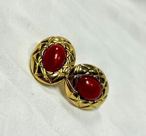 Vintage 1950s Trifari Red Coral and Gold Tone Earrings with Geometric Pattern