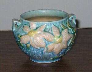 Vintage Roseville Pottery Clematis Blue Jardiniere Planter Bowl 667-4, 1940's