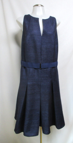 AKRIS PUNTO navy blue striped textured belted sleeveless silk dress sz 12