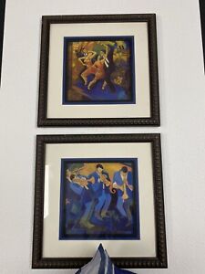 ANDREA BELOFF  Jazz Band Players, Dancers, Matted, Framed set of two 13” x 13”