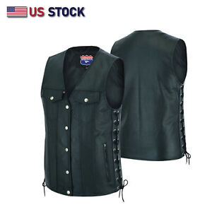 Men Side Lace Leather Style Biker Motorcycle Leather Vest Gun Pockets Carry Arms