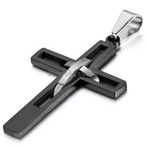 Men's Black Silver Double Hollow Cross Stainless Steel Pendant Necklace Gift