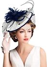 Sinamay Fascinator Hat Floral Feather Pillbox Derby Hats 002- Navy Blue White