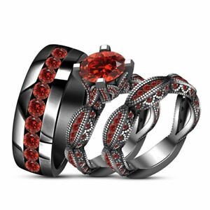 14K Black Gold Plated Lab Created Ruby Wedding His Her Trio Set Ring 2 Carat