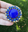 Lovely Signed Regency Round Blue Lapis look Brooch with faux pearls RARE Estate