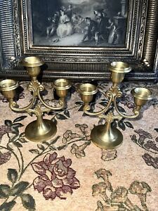 Vintage Brass Candlesticks - 3 Candle - Set of 2 - 6 ½