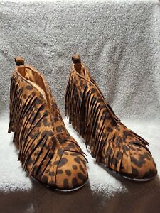 Mata Brown Leopard Ankle Booties With Fringe Women’s Size 10