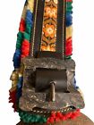 Vintage Large Brass Cow Bell  w/ Fringed Leather Strap-  Swiss Needlepoint l