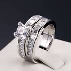 Princess Round Cut AAA CZ Stainless Steel Wedding Band Ring Set Women Size 6-10