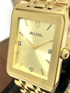 Bulova Men's Watch 97D120 Quartz Diamond Dial Rectangle Gold Stainless Steel