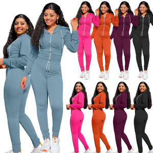 New Women Fashion Long Sleeves Hooded Patchwork Zipper Solid Sporty Pants Set