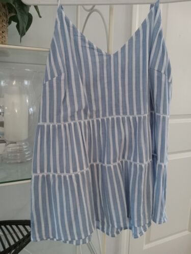 Old Navy Chambray Blue White Striped Tiered Baby Doll Summer Camisol Top Size LG