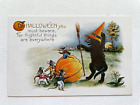 Vintage 1920s Halloween Postcard by Whitney w/ Black Cat in Orange Witch Hat
