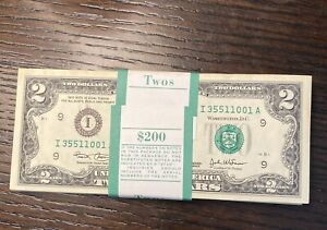 New Listing One Pack 0f 100 Notes Consecutive Numbers $2 Bills 2003