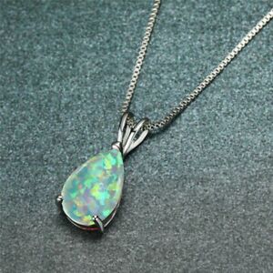 White Opal Stone Pendant Minimalist Droplet Fire Opal Necklace Sterling Silver