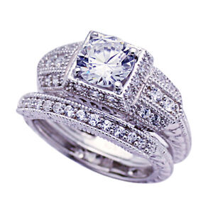 Women Silver Rhodium Plated CZ Vintage 2 pcs Engagement Ring Bridal Set 9mm
