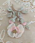 Vintage Pink Ribbonwork Rose & Rosebuds Ribbon Embroiderey Leaves Gold Applique
